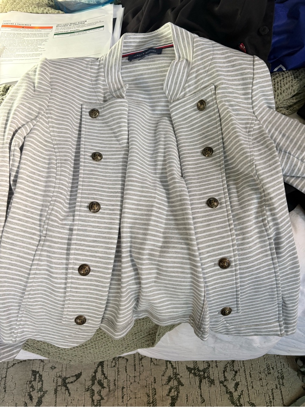 Tommy Hilfiger Light Gray and White Striped Double-Breasted Blazer
